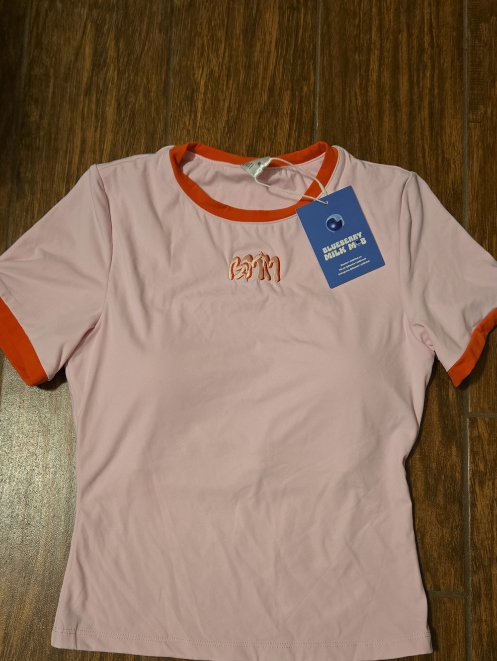 Pink Short Sleeve Workout Top with Orange Trim